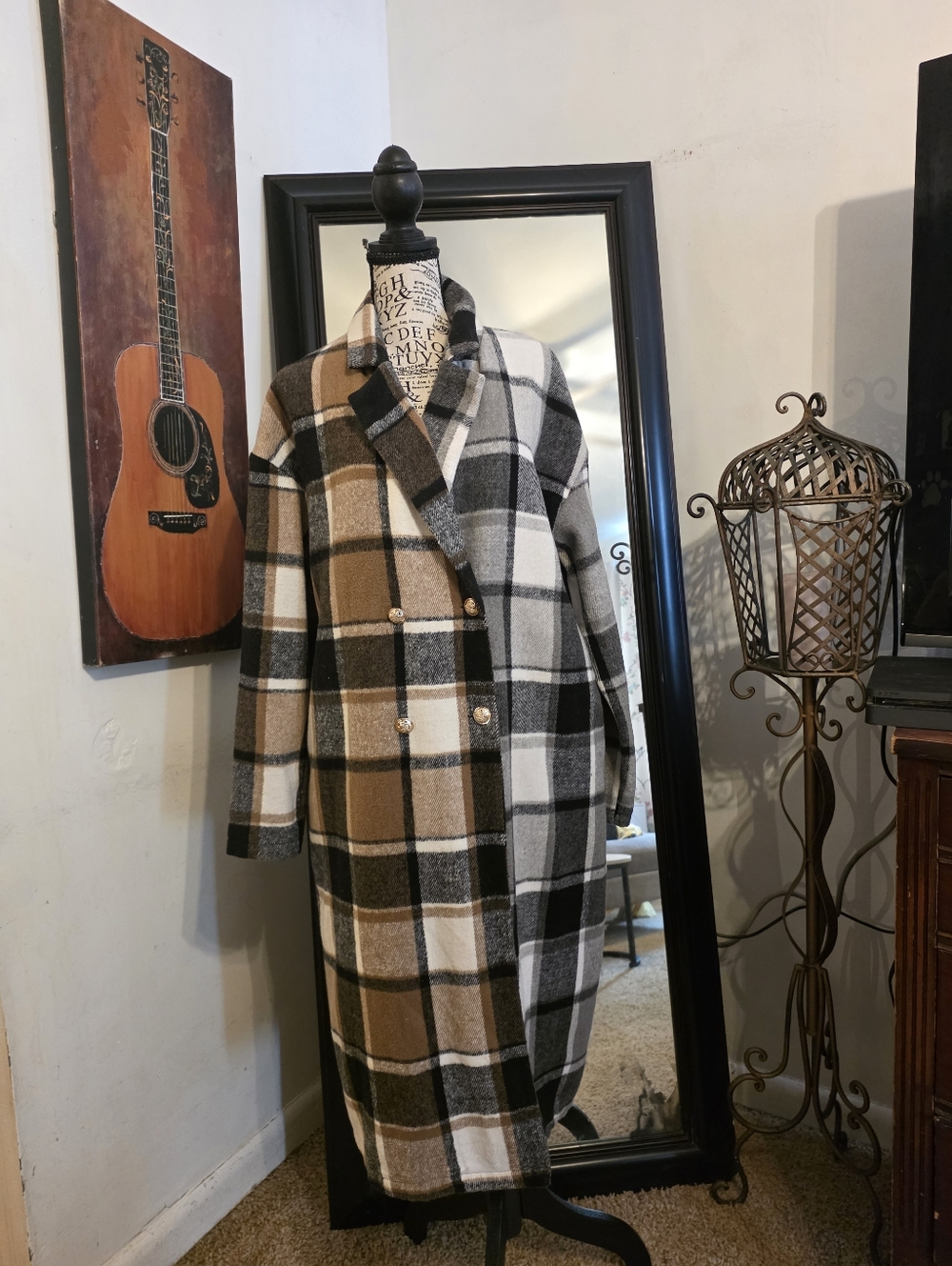 Plaid Long Double-Breasted Coat in Black, White & Camel